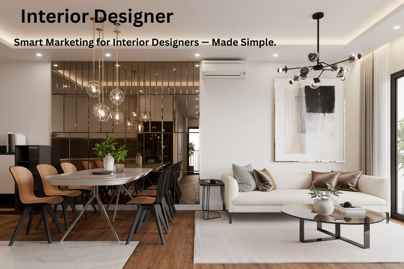 Modern living room interior decorated with stylish furniture and elegant lighting