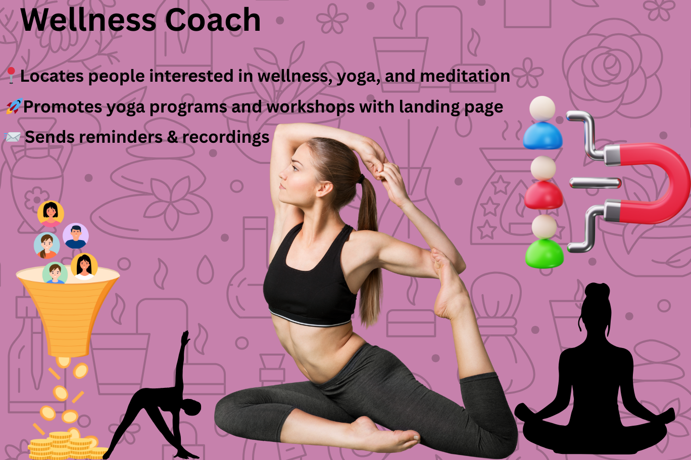 Yoga instructor leading a class in a studio or on Zoom, promoting her programs online using a laptop or phone.